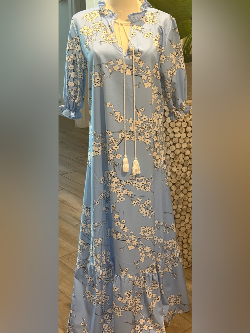 Blue Floral Maxi Dress with Tassel Tie
